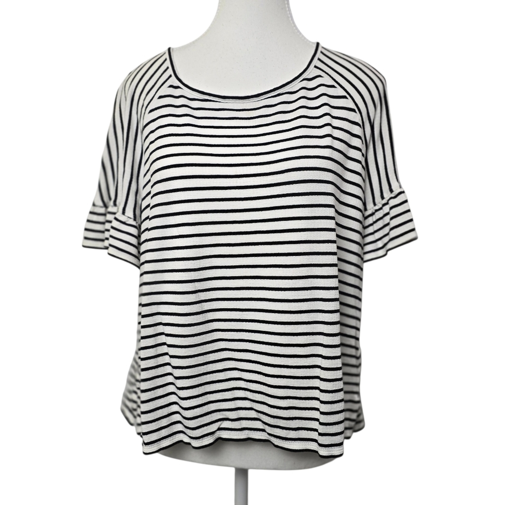 Max Studio Black White Striped Ruffle Sleeve Short Sleeve Blouse Size XL Office